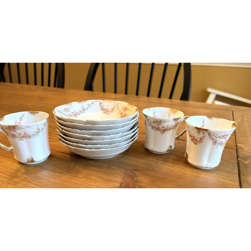 Antique Theodore Haviland Limoges France Pink Roses Gold Trim Cups Dessert Bowls